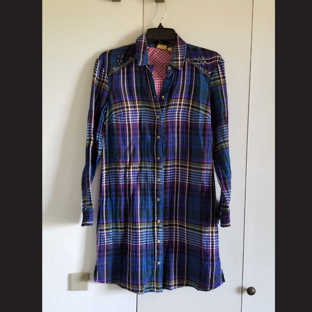 Plaid Shirtdress with Bead Embellishments